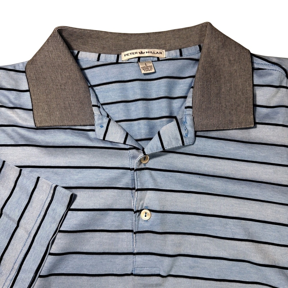 Peter Millar Mens Blue Black Striped Cotton Short Sleeve Polo Shirt Large